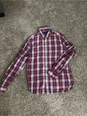 Aeropostale Men's Burgundy Plaid Button-Down Shirt with White Accents